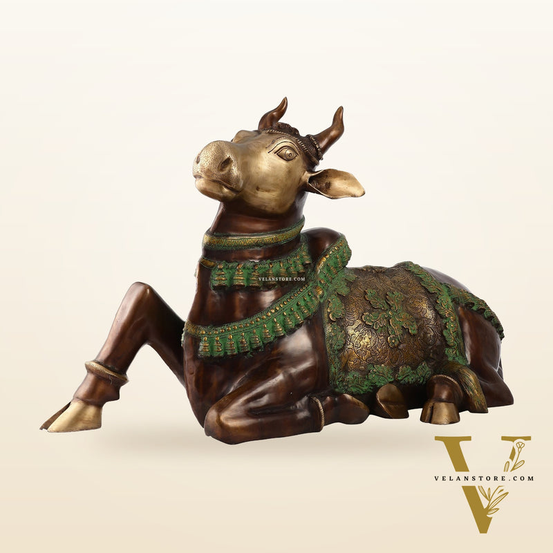 Brass Antique Large Nandi Sculpture Brown and Green 33 inch