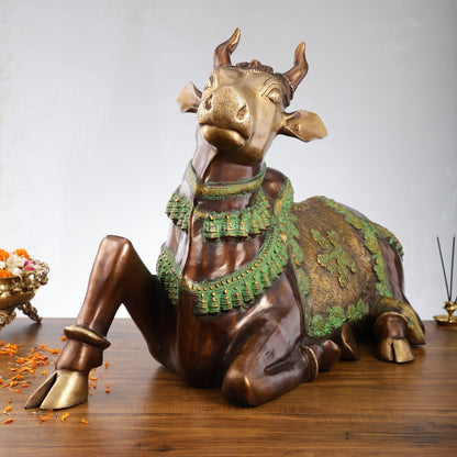 Brass Antique Large Nandi Sculpture Brown and Green 33 inch