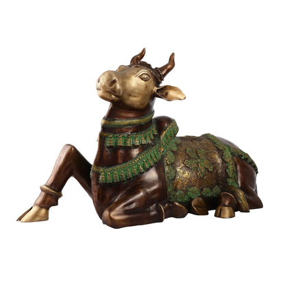 Brass Antique Large Nandi Sculpture Brown and Green 33 inch
