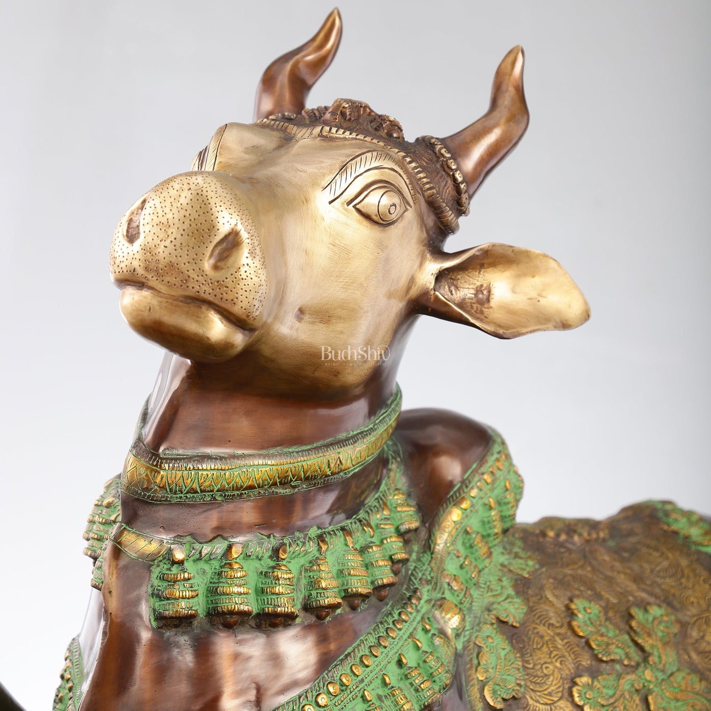 Brass Antique Large Nandi Sculpture Brown and Green 33 inch