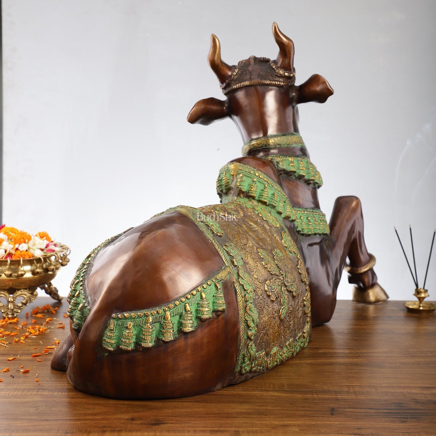 Brass Antique Large Nandi Sculpture Brown and Green 33 inch