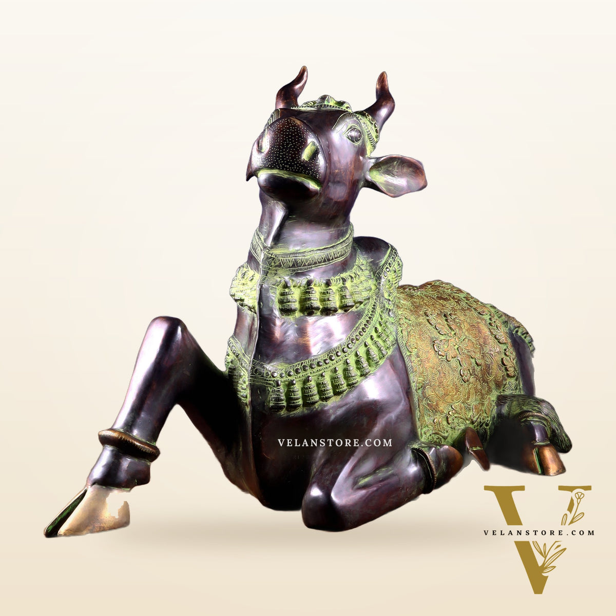 Brass Antique Large Nandi Sculpture | BudhShiv 33" copper and green