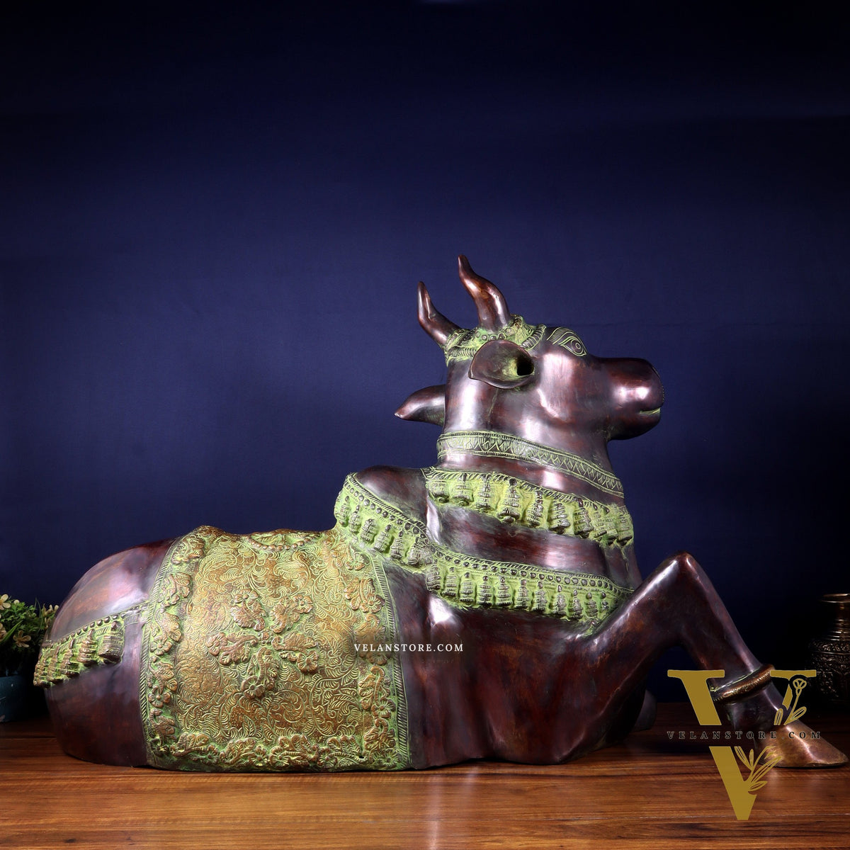 Brass Antique Large Nandi Sculpture | BudhShiv 33" copper and green