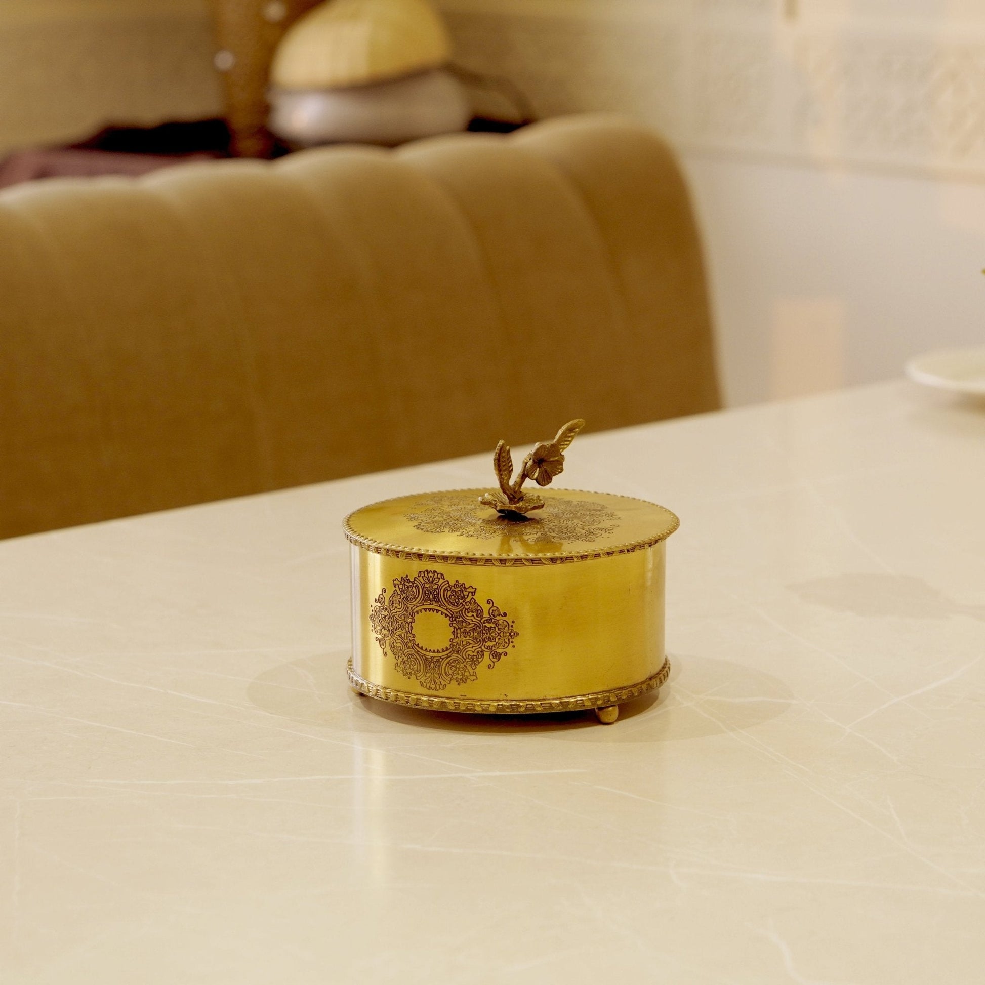 Brass Antique Storage Box with Flower Handle