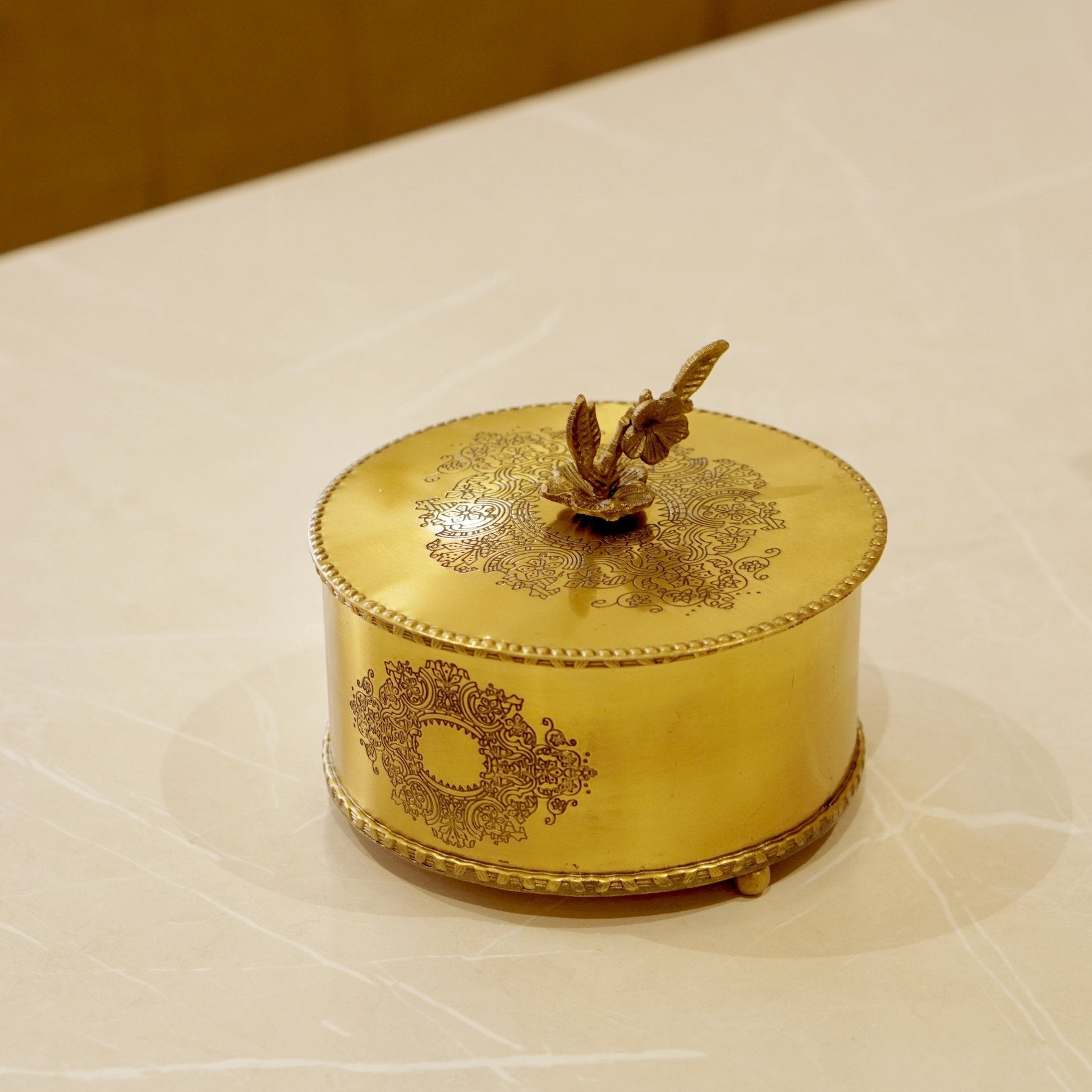 Brass Antique Storage Box with Flower Handle