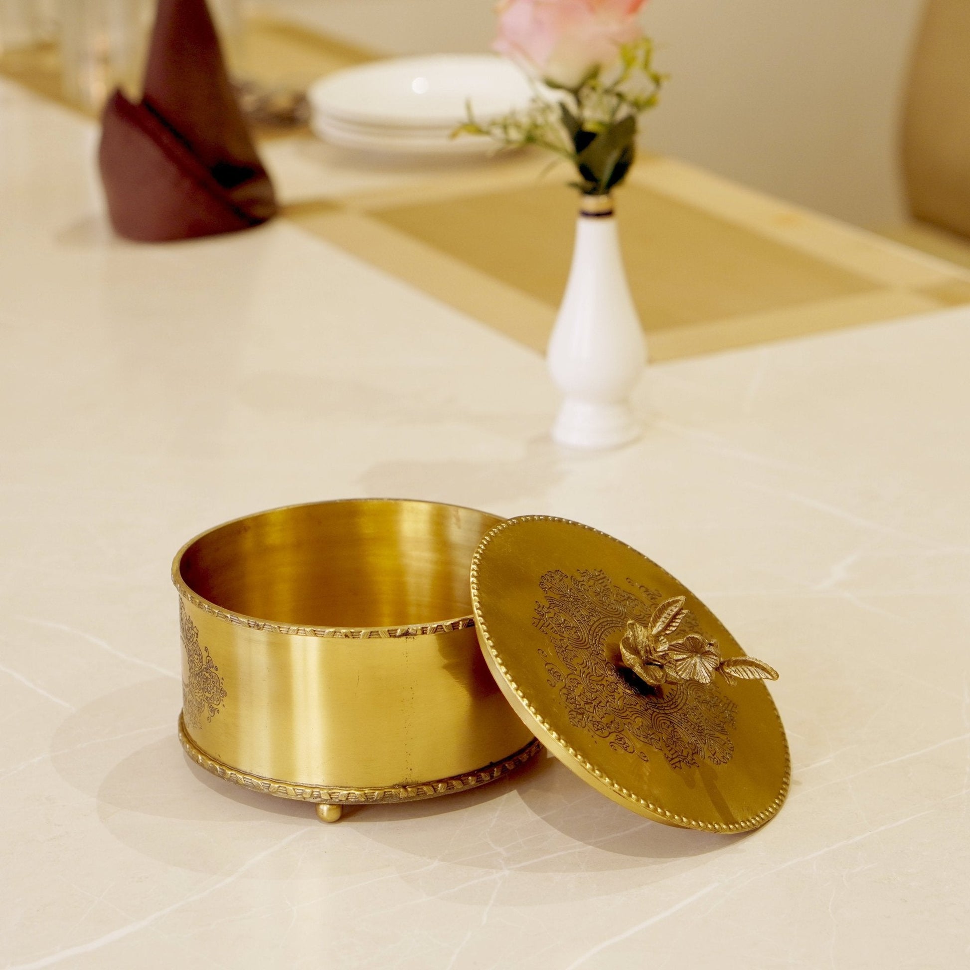 Brass Antique Storage Box with Flower Handle