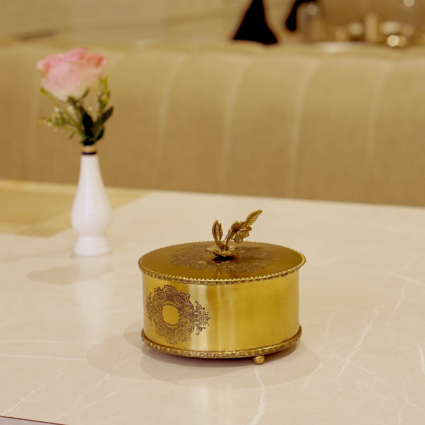 Brass Antique Storage Box with Flower Handle