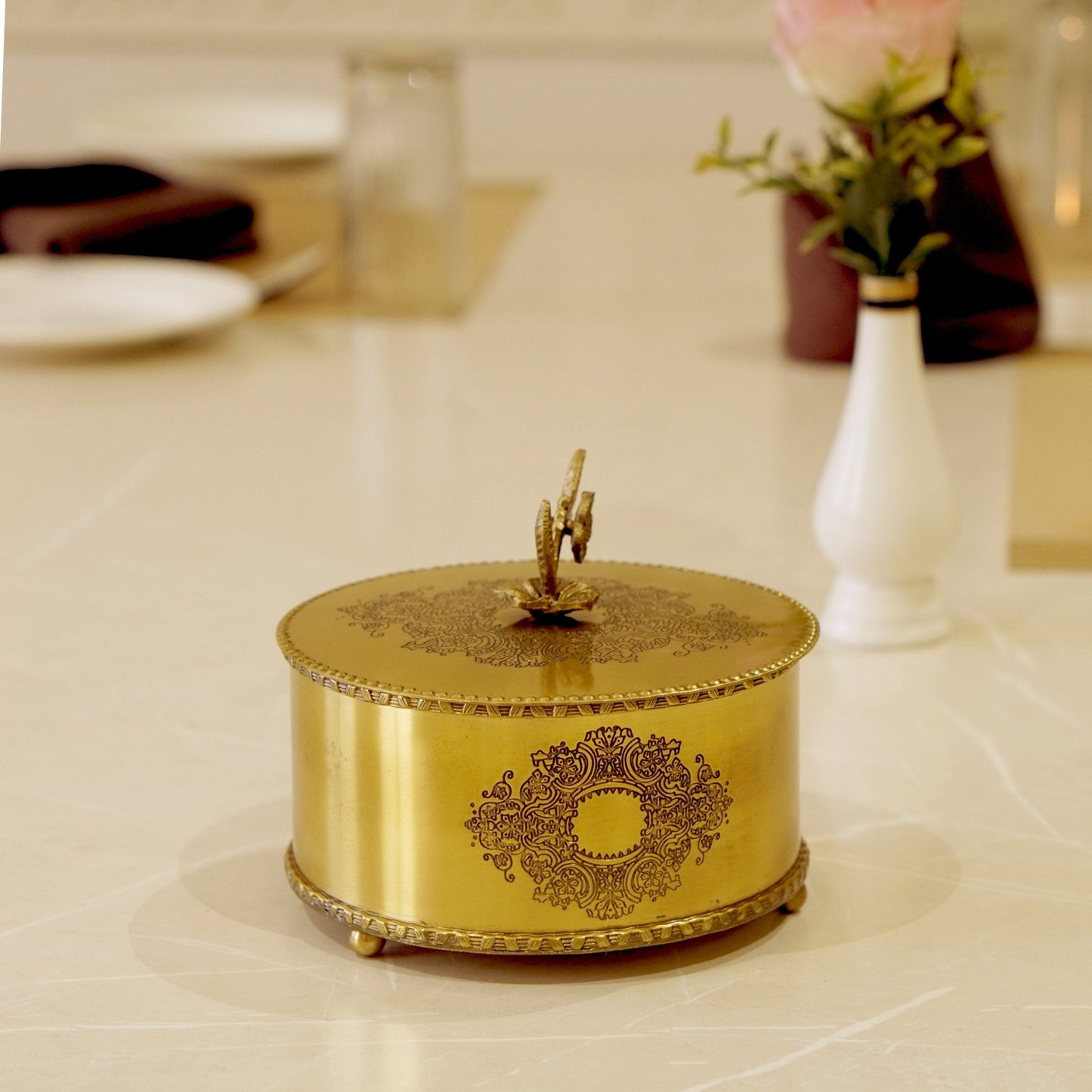 Brass Antique Storage Box with Flower Handle