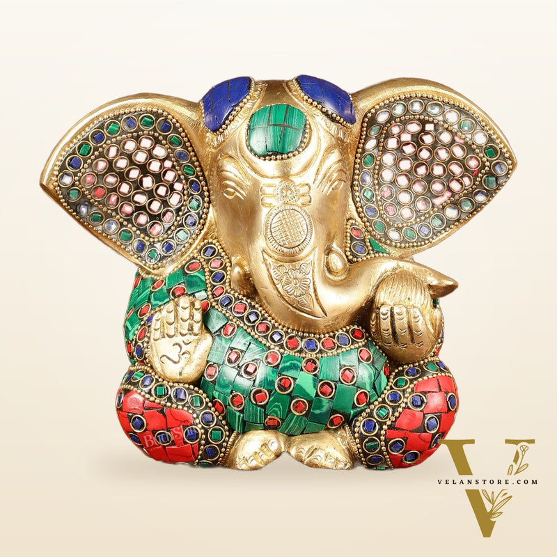 Brass Appu Ganesha Superfine Statue Big ears 6" with multicolour work