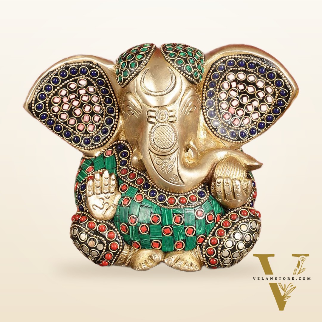 Brass Appu Ganesha Superfine Statue Big ears 6" with multicolour work