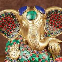 Brass Appu Ganesha Superfine Statue Big ears 6" with multicolour work