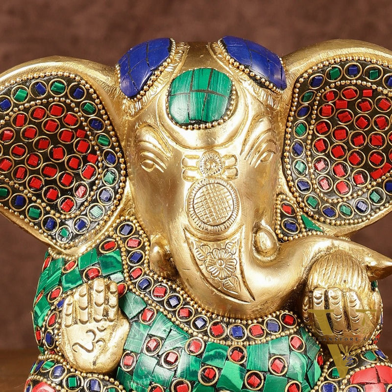 Brass Appu Ganesha Superfine Statue Big ears 6" with multicolour work