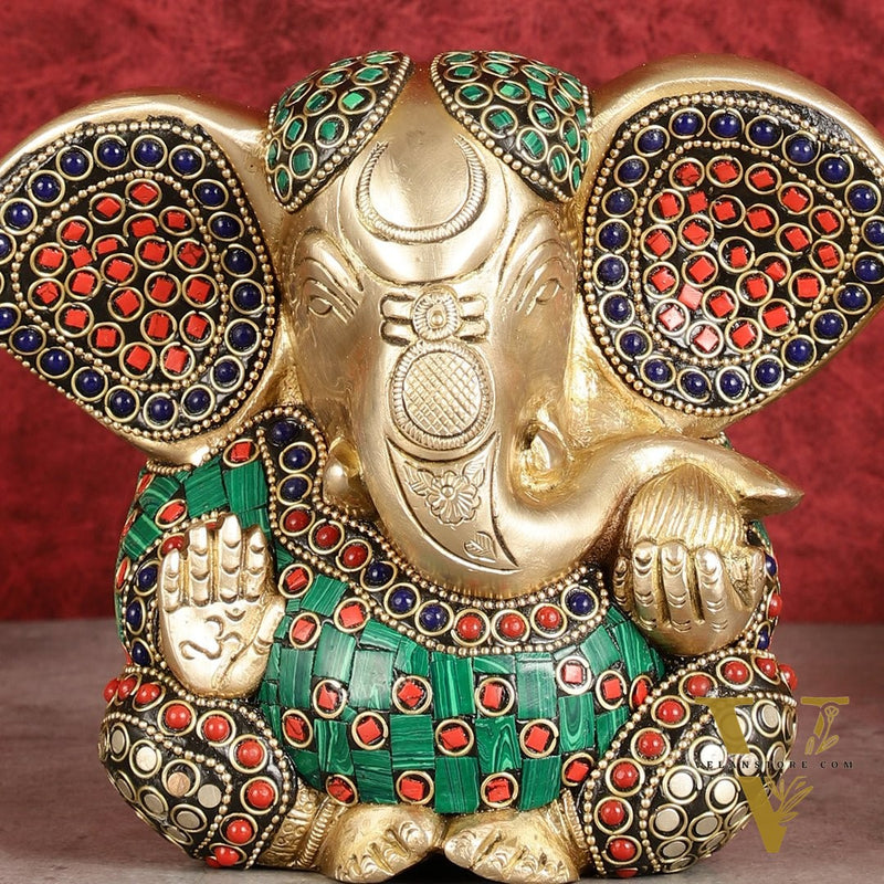 Brass Appu Ganesha Superfine Statue Big ears 6" with multicolour work