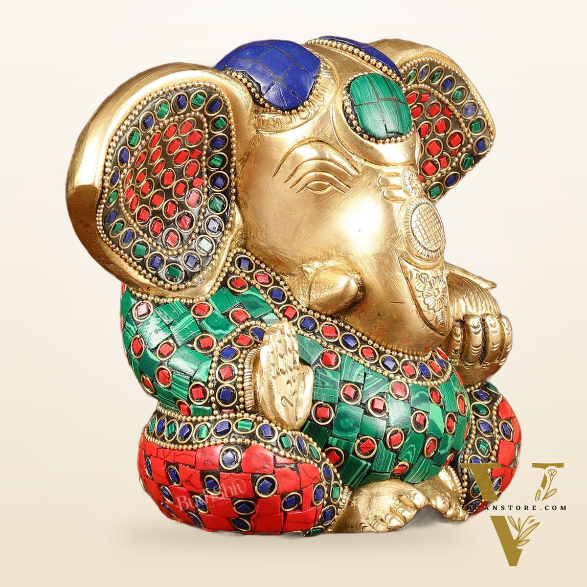Brass Appu Ganesha Superfine Statue Big ears 6" with multicolour work