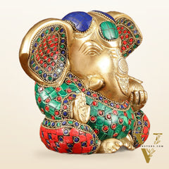 Brass Appu Ganesha Superfine Statue Big ears 6" with multicolour work