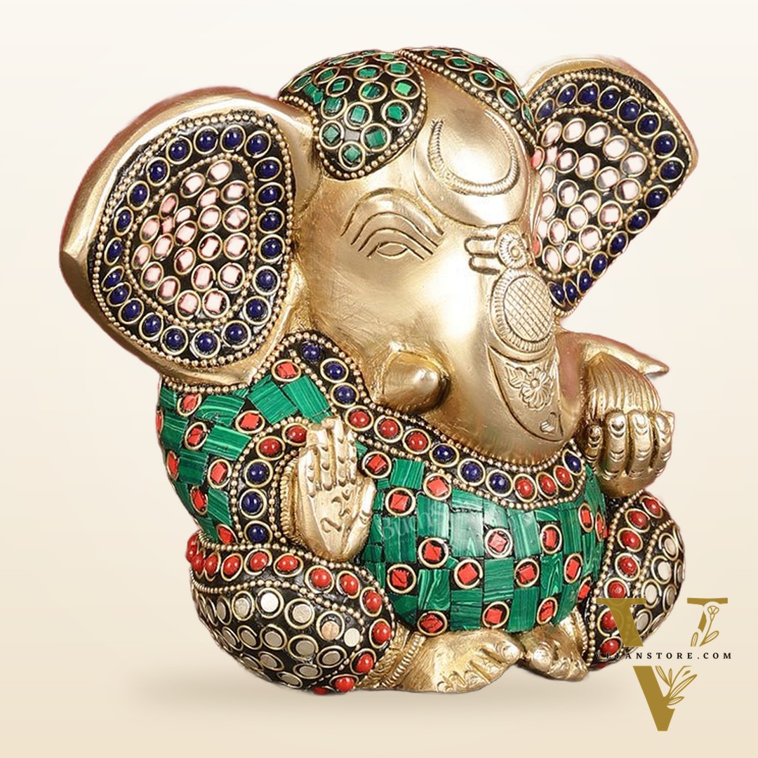 Brass Appu Ganesha Superfine Statue Big ears 6" with multicolour work