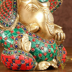 Brass Appu Ganesha Superfine Statue Big ears 6" with multicolour work