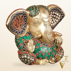 Brass Appu Ganesha Superfine Statue Big ears 6" with multicolour work