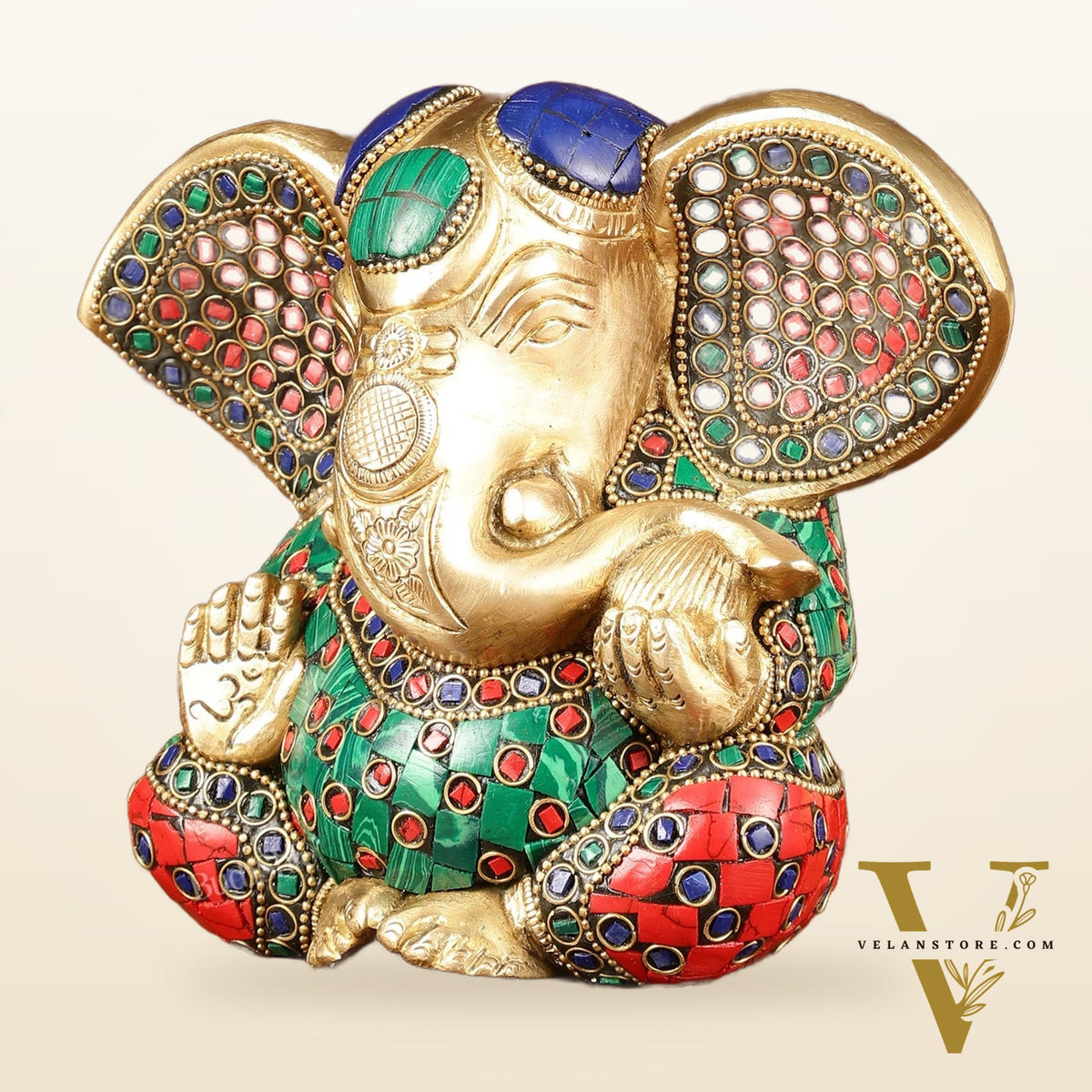 Brass Appu Ganesha Superfine Statue Big ears 6" with multicolour work