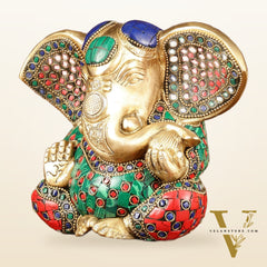 Brass Appu Ganesha Superfine Statue Big ears 6" with multicolour work