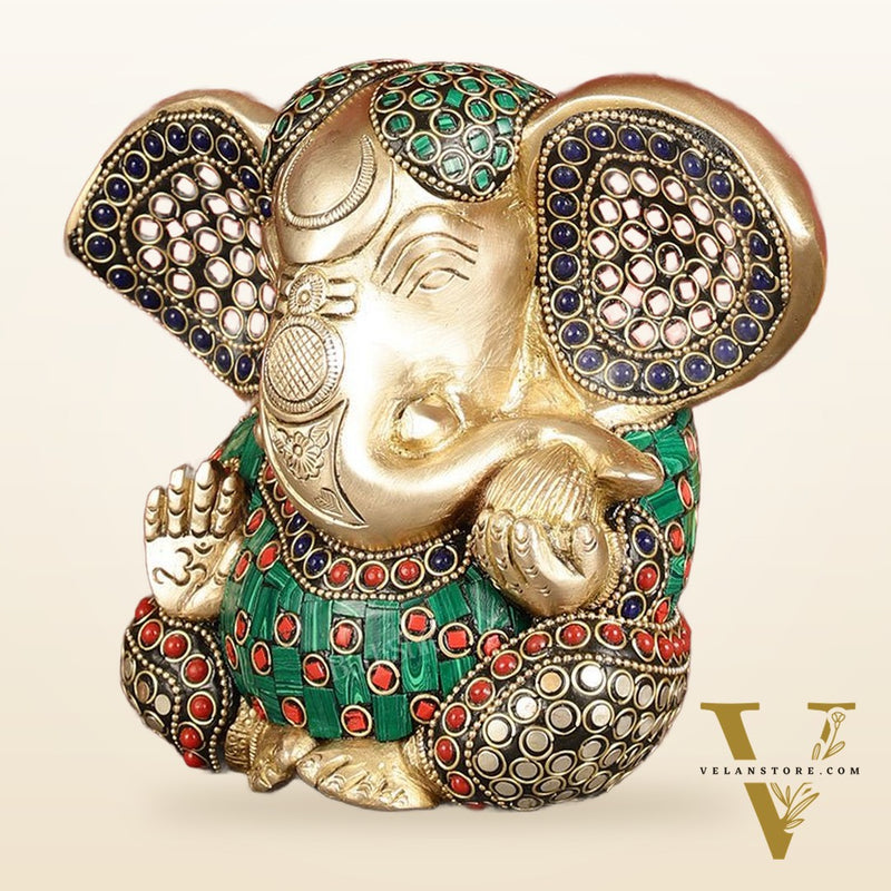Brass Appu Ganesha Superfine Statue Big ears 6" with multicolour work