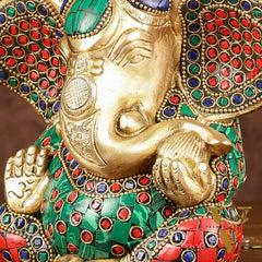 Brass Appu Ganesha Superfine Statue Big ears 6" with multicolour work
