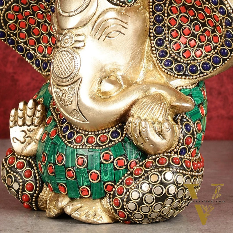 Brass Appu Ganesha Superfine Statue Big ears 6" with multicolour work