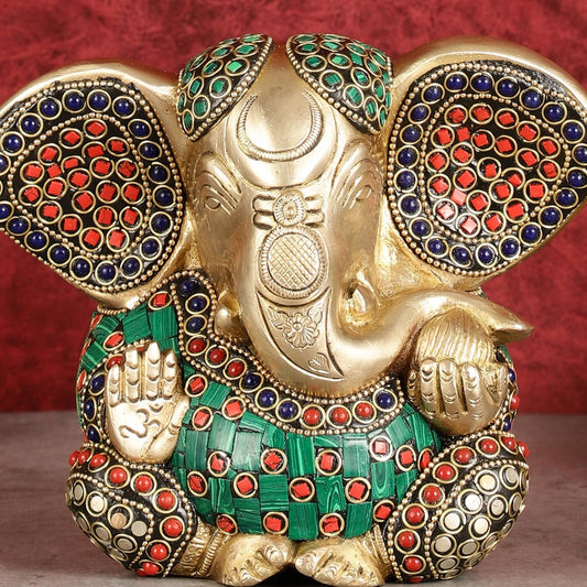 Brass Appu Ganesha Superfine Statue Big ears 6" with multicolour work