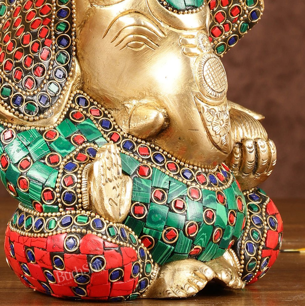Brass Appu Ganesha Superfine Statue Big ears 6" with multicolour work