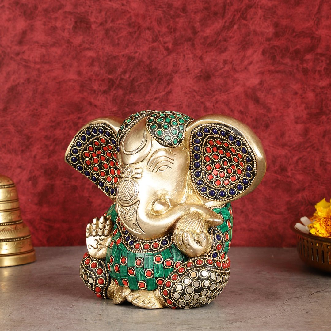 Brass Appu Ganesha Superfine Statue Big ears 6" with multicolour work