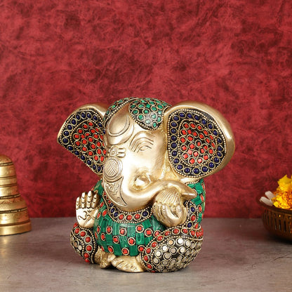 Brass Appu Ganesha Superfine Statue Big ears 6" with multicolour work