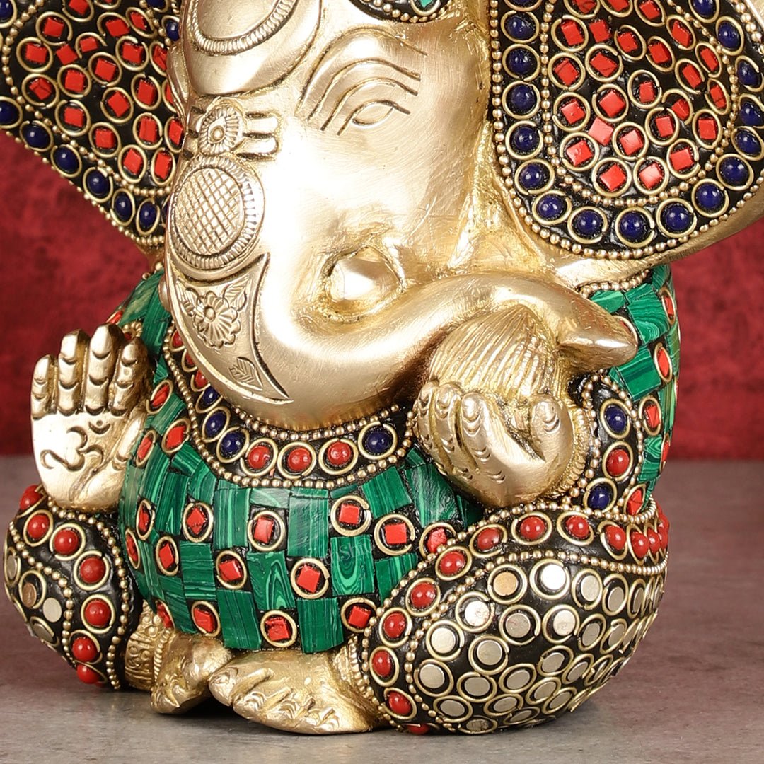 Brass Appu Ganesha Superfine Statue Big ears 6" with multicolour work