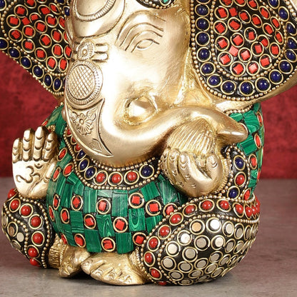 Brass Appu Ganesha Superfine Statue Big ears 6" with multicolour work