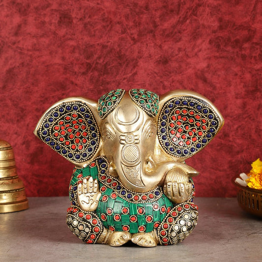 Brass Appu Ganesha Superfine Statue Big ears 6" with multicolour work