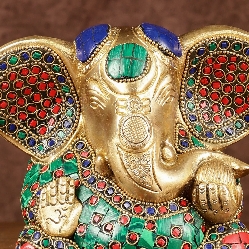 Brass Appu Ganesha Superfine Statue Big ears 6" with multicolour work