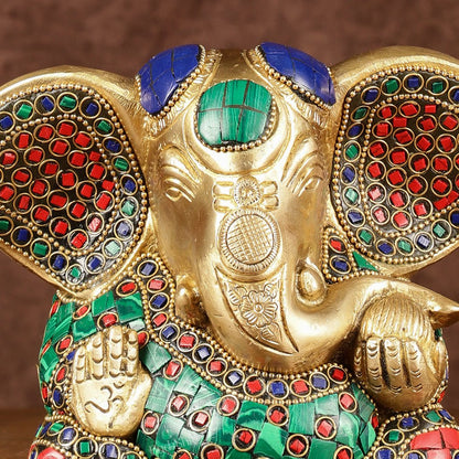 Brass Appu Ganesha Superfine Statue Big ears 6" with multicolour work