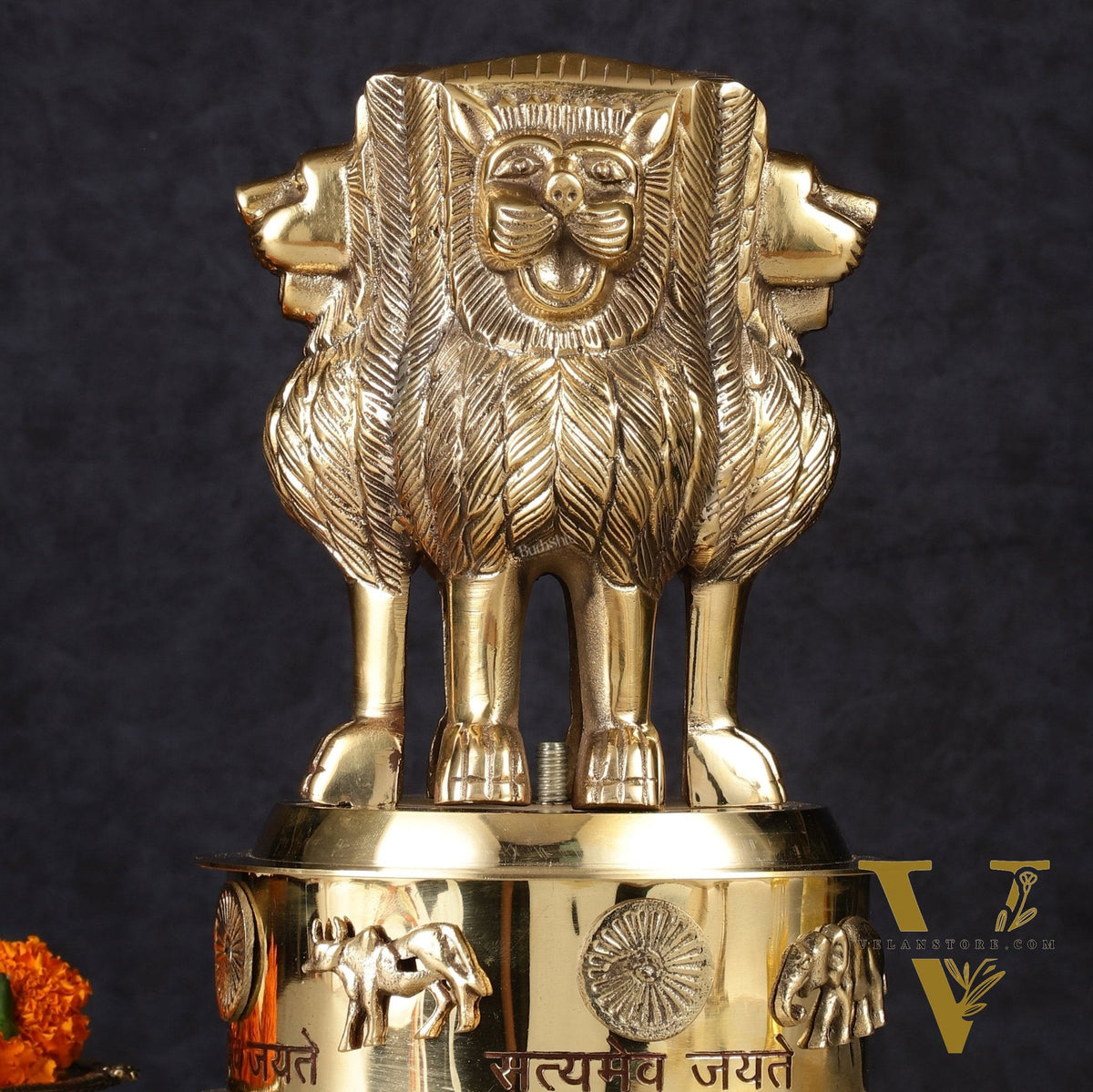 Brass Ashoka Lion Stambh Satyamev Jayate Momento Statue: 9.5"