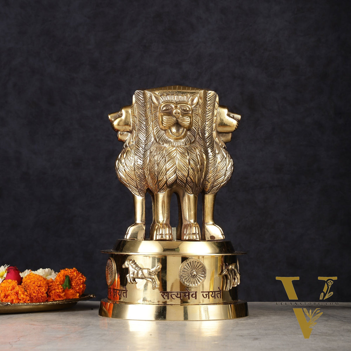 Brass Ashoka Lion Stambh Satyamev Jayate Momento Statue: 9.5"