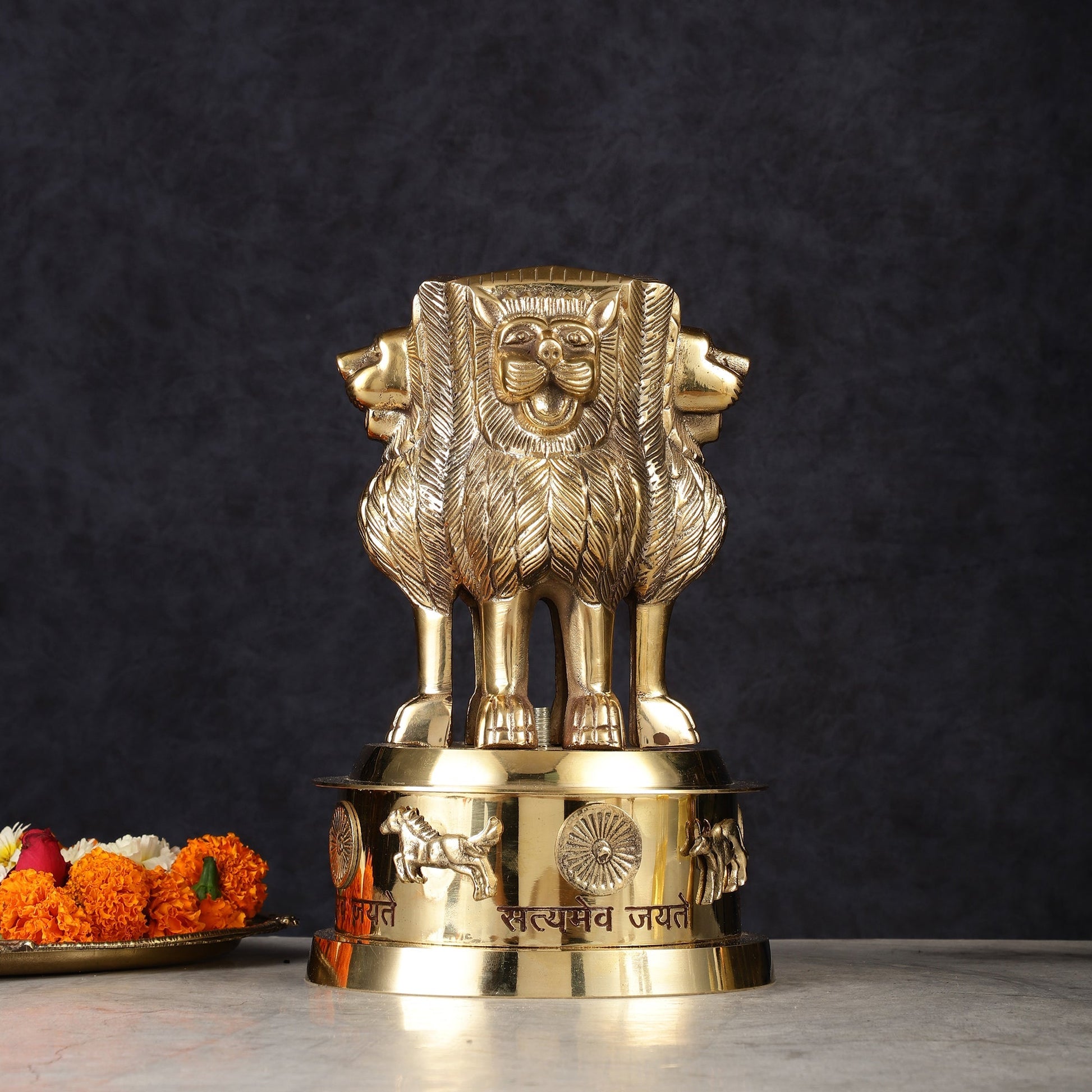 Brass Ashoka Lion Stambh Satyamev Jayate Momento Statue: 9.5"