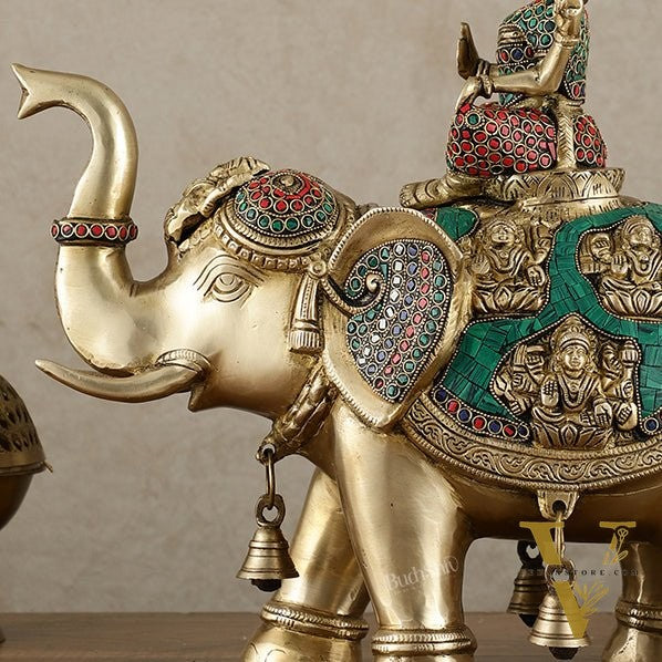 Brass Ashtalakshmi on Large Elephant - 15" | Stonework