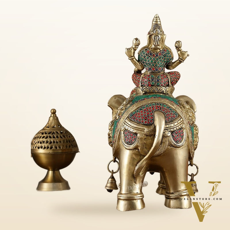 Brass Ashtalakshmi on Large Elephant - 15" | Stonework