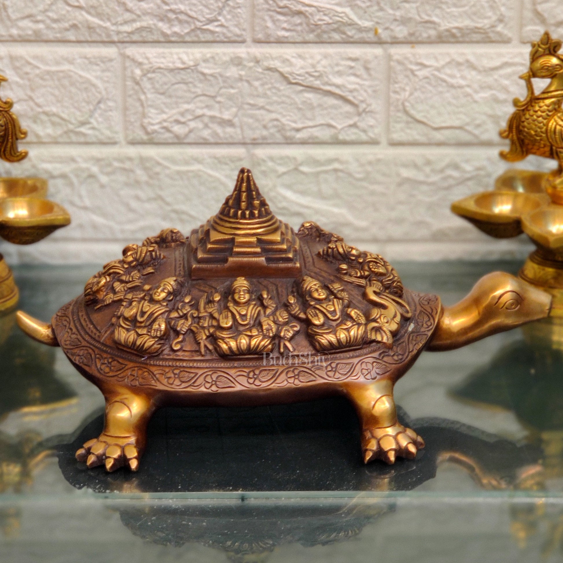 Brass Ashtalakshmi Shree Yantra on Tortoise