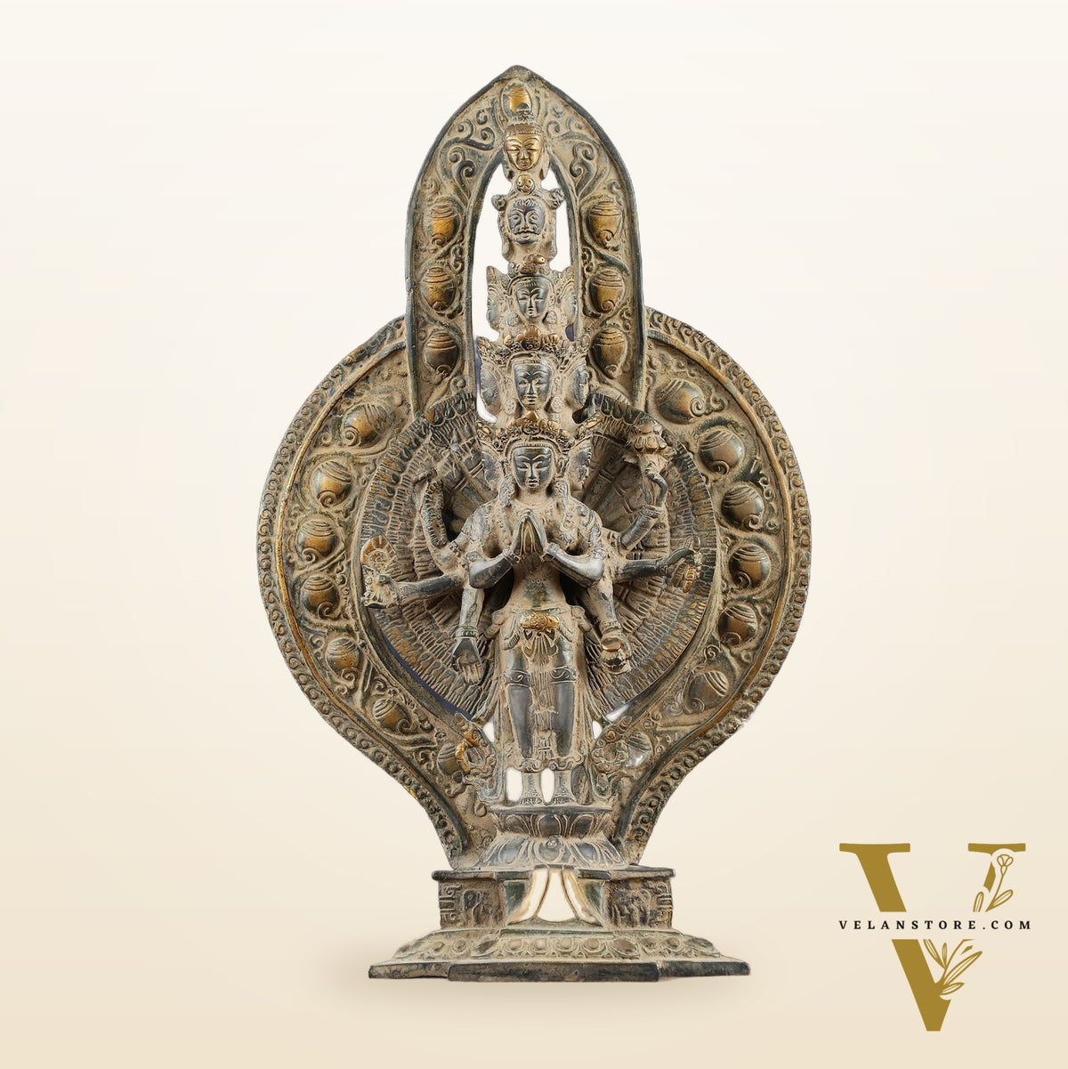 Brass Avlokeswar Sculpture – 14" Height, Vintage Sand Blast Patina, Heat Treated