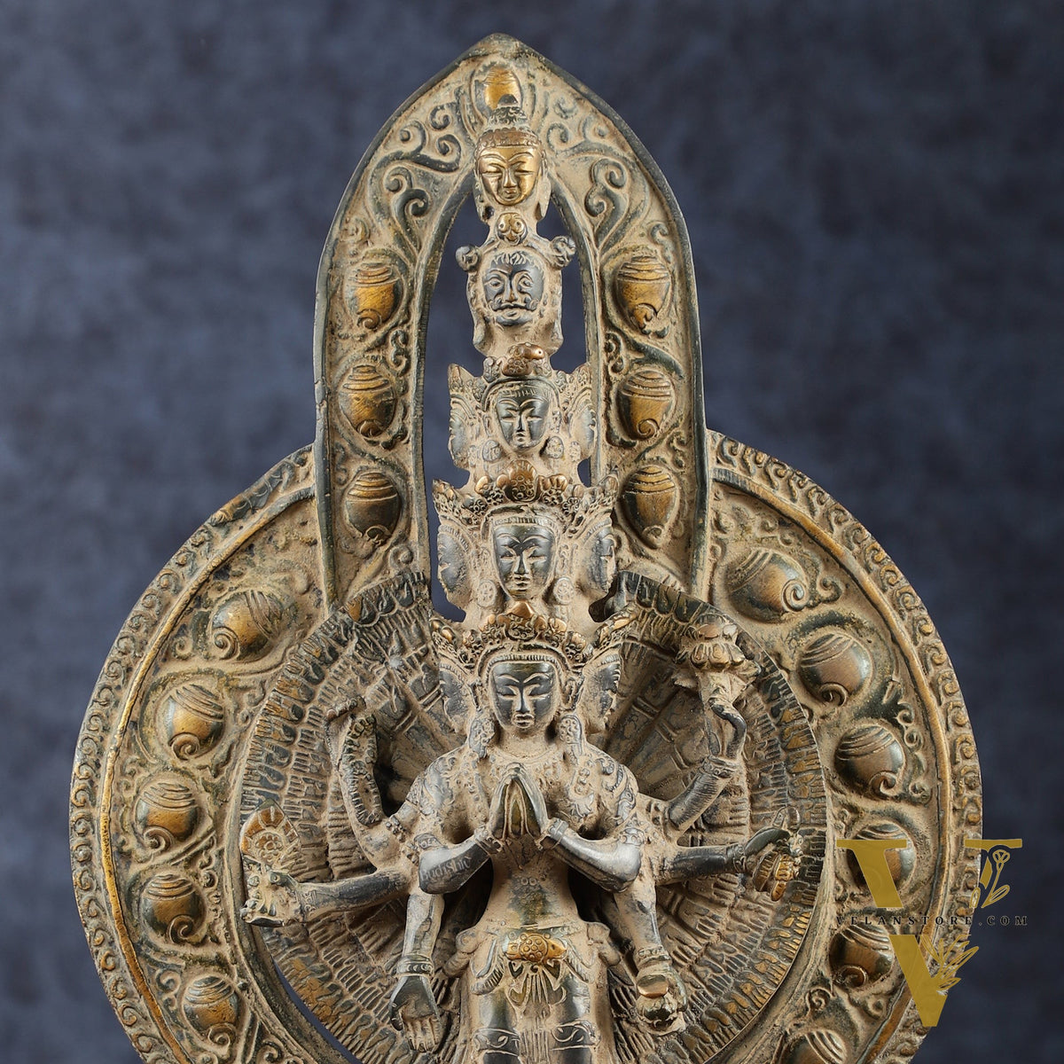 Brass Avlokeswar Sculpture – 14" Height, Vintage Sand Blast Patina, Heat Treated