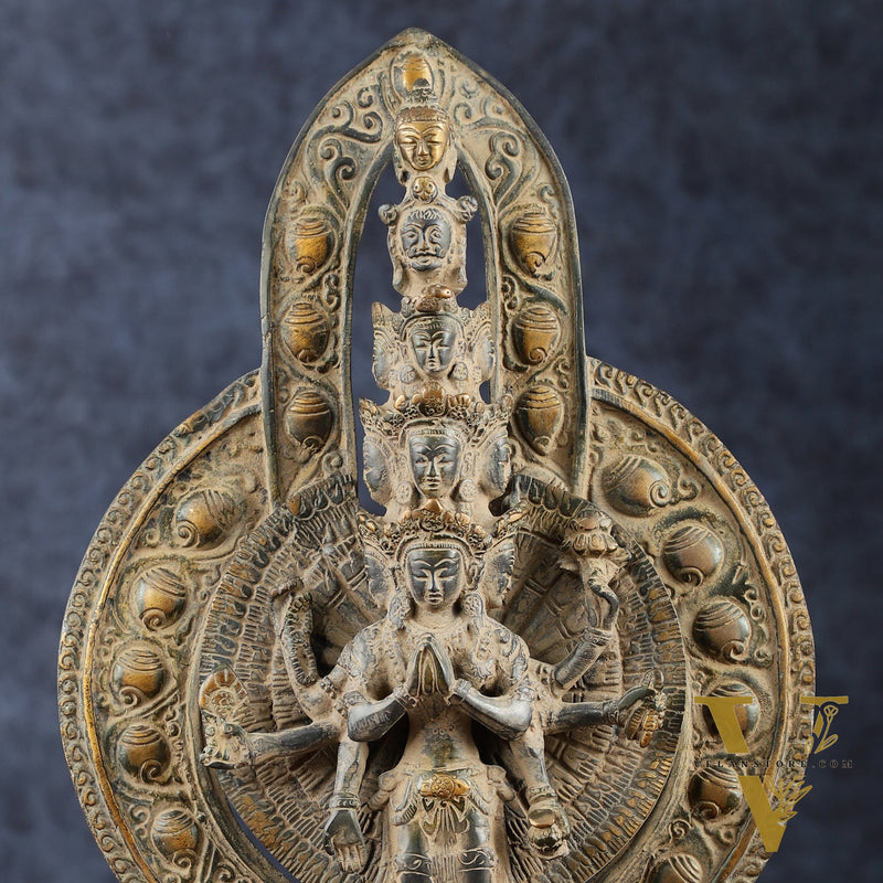 Brass Avlokeswar Sculpture – 14" Height, Vintage Sand Blast Patina, Heat Treated