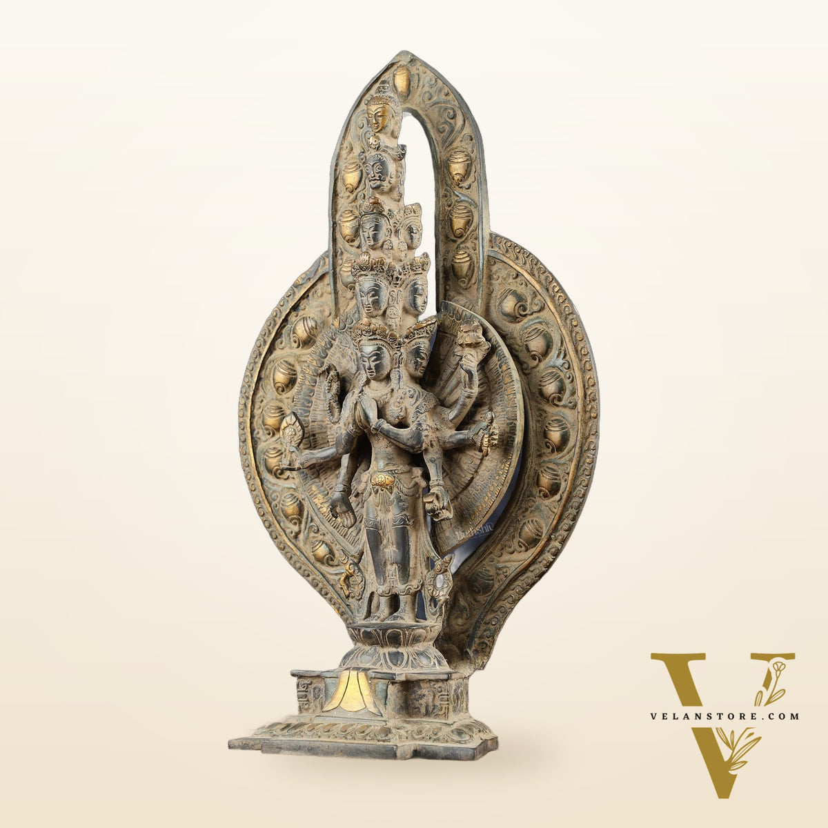 Brass Avlokeswar Sculpture – 14" Height, Vintage Sand Blast Patina, Heat Treated