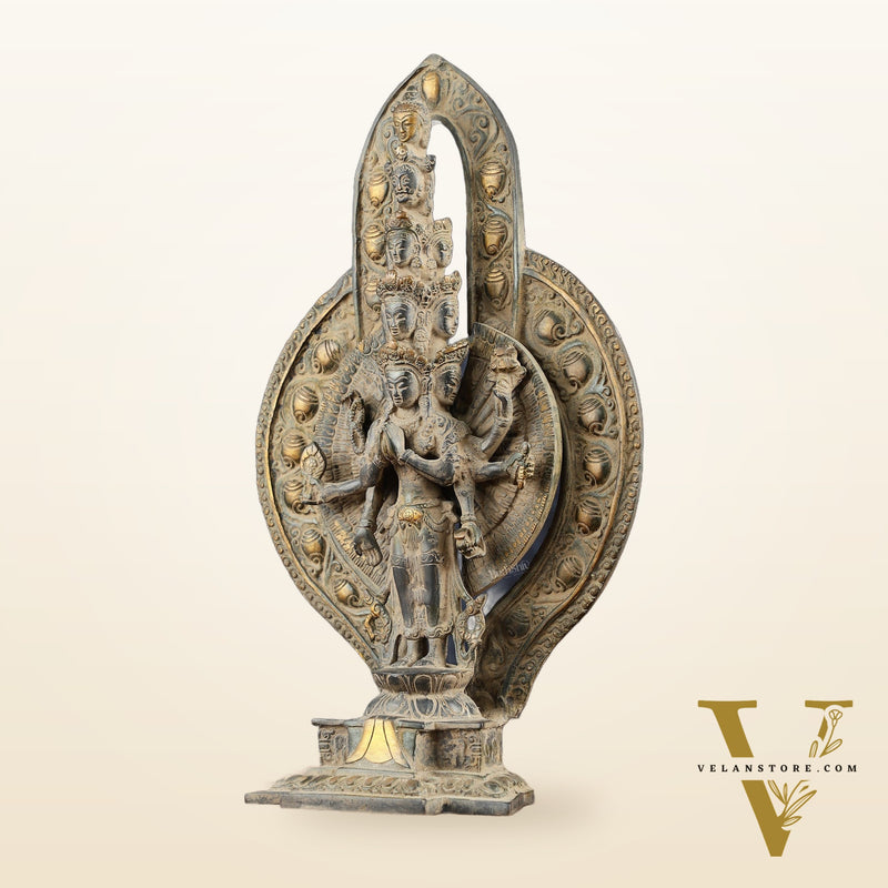 Brass Avlokeswar Sculpture – 14" Height, Vintage Sand Blast Patina, Heat Treated