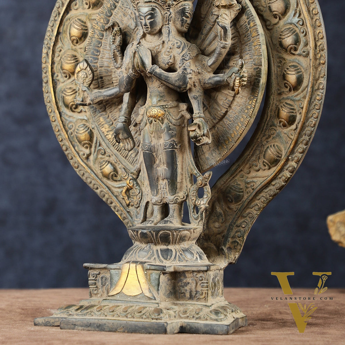 Brass Avlokeswar Sculpture – 14" Height, Vintage Sand Blast Patina, Heat Treated