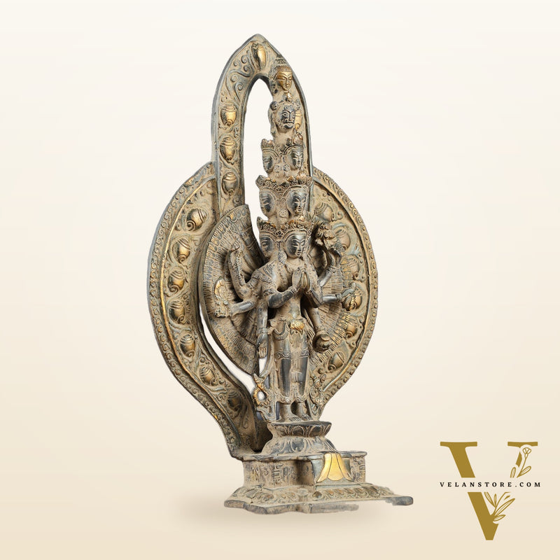 Brass Avlokeswar Sculpture – 14" Height, Vintage Sand Blast Patina, Heat Treated