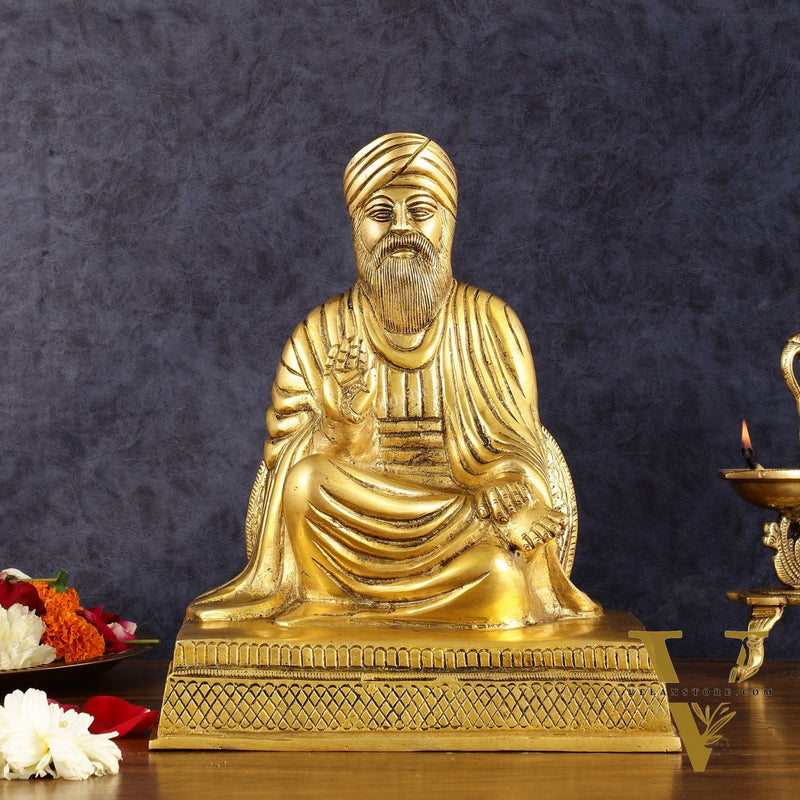 Brass Baba Guru Nanak Dev Ji Statue - Sacred Sikh Religious Sculpture 11 inch